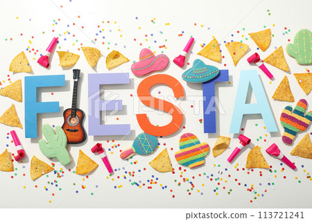 The inscription Fiesta with decorations on a white background 113721241