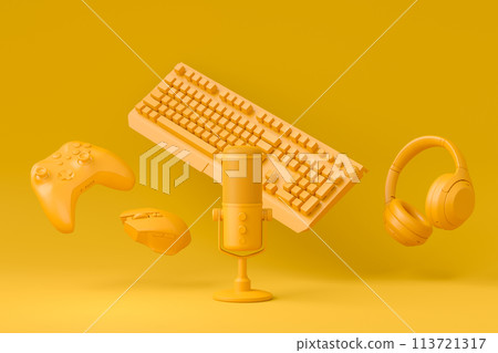 Flying gamer monochrome gears like mouse, keyboard, joystick, headset, VR headset, microphone on monochrome background. 3d render of accessories for live streaming concept top view Flying gamer monochrome gears like mouse, keyboard, joystick, headset, VR headset, microphone on monochrome background. 3d render of accessories for live streaming concept top view 113721317