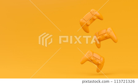 Video game joysticks or gamepads in plain monochrome yellow color background with copy space. 3D render of streaming gear for cloud gaming and gamer workspace concept 113721326