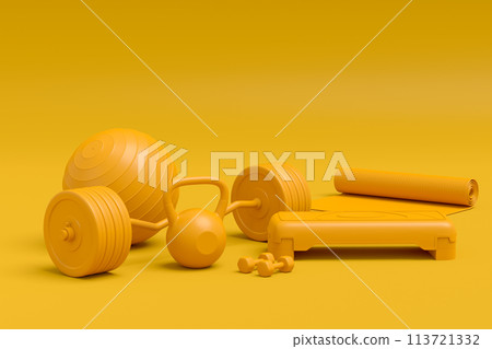 Isometric view of sport equipment like yoga mat, kettlebell, fitness ball and smart watches on monochrome background. 3d render of power lifting and fitness concept Isometric view of sport equipment like yoga mat, kettlebell, fitness ball and smart watches on monochrome background. 3d render of power lifting and fitness concept 113721332