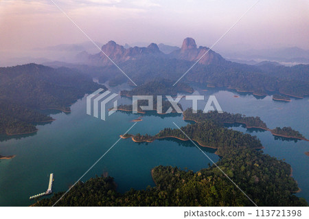 Aerial view of Khao Sok national park at sunrise, in Cheow lan lake, Surat Thani, Thailand 113721398