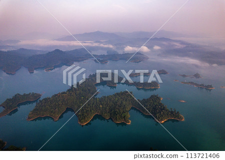 Aerial view of Khao Sok national park at sunrise, in Cheow lan lake, Surat Thani, Thailand 113721406