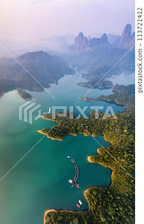 Aerial view of Khao Sok national park at sunrise, in Cheow lan lake, Surat Thani, Thailand 113721412