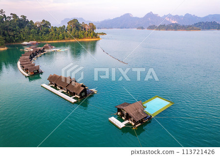 Aerial view of Khao Sok national park at sunrise, in Cheow lan lake, Surat Thani, Thailand 113721426