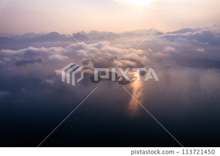 Aerial view of Khao Sok national park at sunrise, in Cheow lan lake, Surat Thani, Thailand 113721450
