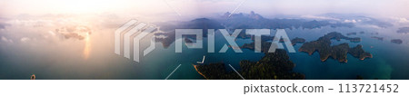 Aerial view of Khao Sok national park at sunrise, in Cheow lan lake, Surat Thani, Thailand 113721452