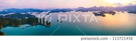 Aerial view of Khao Sok national park at sunrise, in Cheow lan lake, Surat Thani, Thailand 113721456