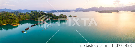 Aerial view of Khao Sok national park at sunrise, in Cheow lan lake, Surat Thani, Thailand 113721458