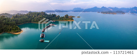 Aerial view of Khao Sok national park at sunrise, in Cheow lan lake, Surat Thani, Thailand 113721461