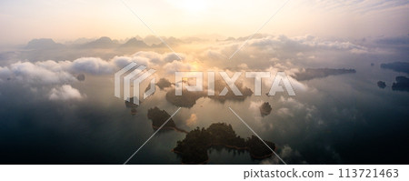 Aerial view of Khao Sok national park at sunrise, in Cheow lan lake, Surat Thani, Thailand 113721463