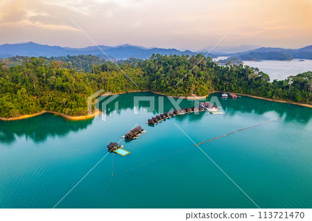 Aerial view of Khao Sok national park at sunrise, in Cheow lan lake, Surat Thani, Thailand 113721470
