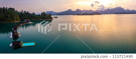 Aerial view of Khao Sok national park at sunrise, in Cheow lan lake, Surat Thani, Thailand 113721490