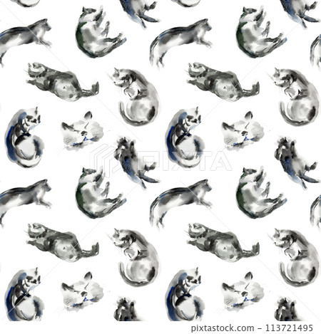 Pattern of cat sketch, animal print stains, beautiful shapes, pastel color palette. Watercolor illustration of sleeping, lying, playing pet. Used in packaging, on fabric, wrapping paper Pattern of cat sketch, animal print stains, beautiful shapes, pastel color palette. Watercolor illustration of sleeping, lying, playing pet. Used in packaging, on fabric, wrapping paper 113721495