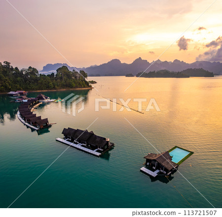 Aerial view of Khao Sok national park at sunrise, in Cheow lan lake, Surat Thani, Thailand 113721507