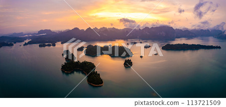 Aerial view of Khao Sok national park at sunrise, in Cheow lan lake, Surat Thani, Thailand 113721509