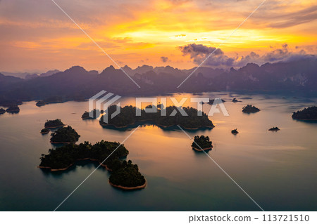 Aerial view of Khao Sok national park at sunrise, in Cheow lan lake, Surat Thani, Thailand 113721510