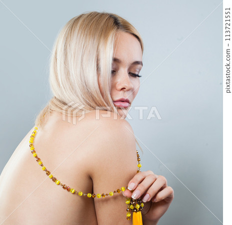 Glamorous female back and face. Young blonde woman on white background 113721551