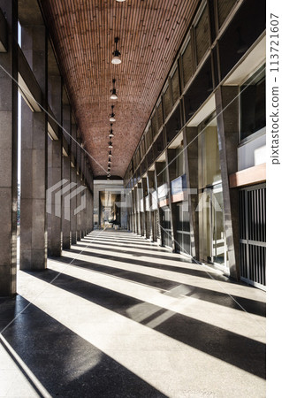 Long gallery with black and white diagonal lines on the floor 113721607