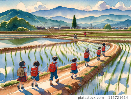 Summer footpath and elementary school students Summer footpath and elementary school students 113721614