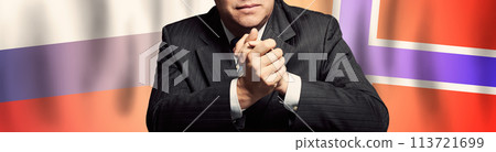 Politician or businessman on background of Norway and Russia flags Politician or businessman on background of Norway and Russia flags 113721699