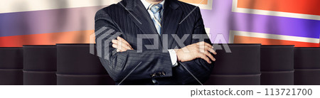 Politician or businessman on oil barrels background and background of Norway and Russia flags 113721700