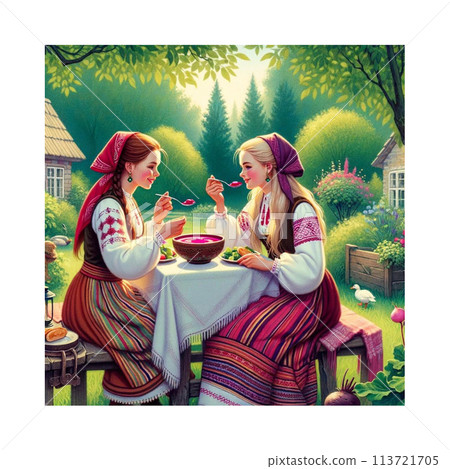 A special day. Two friends dressed up and enjoying a shallot in the garden with ducks nearby. Illustration created by AI. A special day. Two friends dressed up and enjoying a shallot in the garden with ducks nearby. Illustration created by AI. 113721705