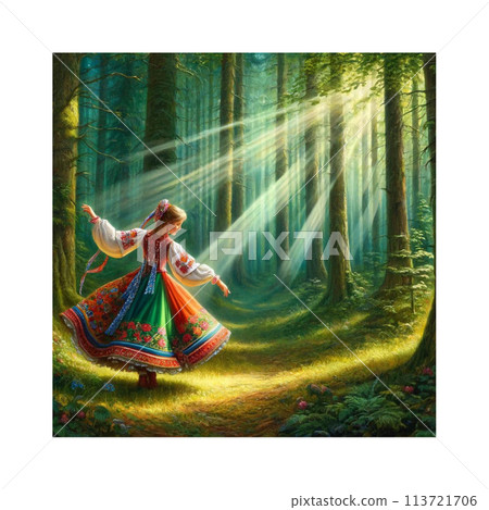 童話森林裡,一個穿著自己最喜歡的美麗刺繡洋裝的女孩在透過樹林的陽光下輕輕舞動。 童話森林裡,一個穿著自己最喜歡的美麗刺繡洋裝的女孩在透過樹林的陽光下輕輕舞動。 113721706