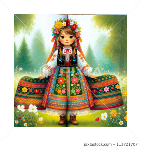 繪本剪裁，女孩攤開繡裙，花朵裝飾頭飾，靴子，絲帶，AI製作 113721707