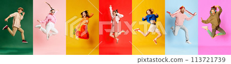 Banner. Collage, Dynamic shots of people different ages dressed colorful outfits and jumping in mid-air against multicolored background. Banner. Collage, Dynamic shots of people different ages dressed colorful outfits and jumping in mid-air against multicolored background. 113721739