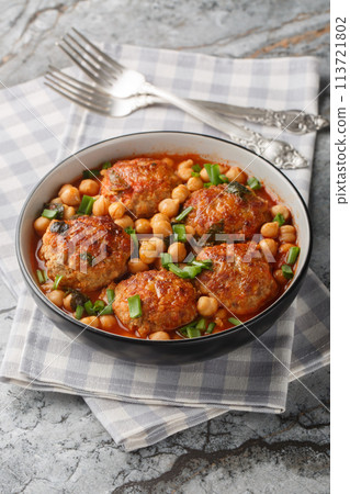 Middle Eastern Lamb meatballs with chickpeas in tomato sauce close-up in a bowl. Vertical Middle Eastern Lamb meatballs with chickpeas in tomato sauce close-up in a bowl. Vertical 113721802
