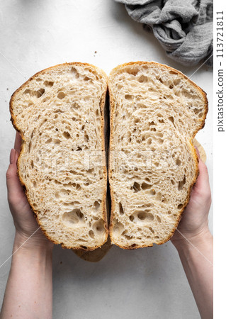 Homemade sourdough bread top view 113721811
