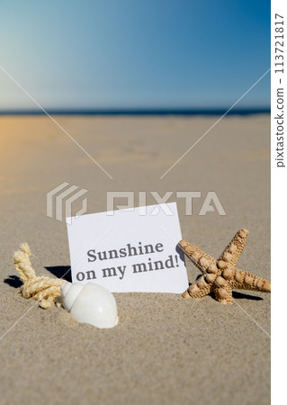 SUNSHINE ON MY MIND text on paper greeting card on background of starfish seashell summer vacation decor. Sandy beach sun coast. Holiday concept postcard. Getting away Travel 113721817