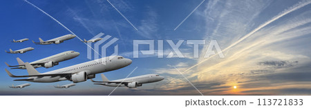 Flight fly and aircraft concept. Plane and sunset sky with cloud and sun Flight fly and aircraft concept. Plane and sunset sky with cloud and sun 113721833