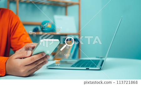 Businessman Search On Virtual Screen Data Search Technology Search Engine Optimization, Man use search engine to Searching for information, Using web Console for data, SEO. 113721868