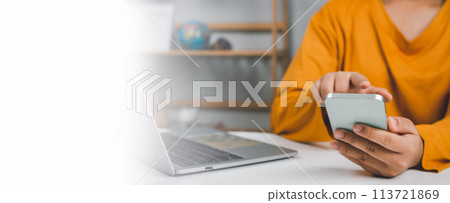 Website page, contact us or email marketing concept, customer support hotline, contact us. Businesswoman sitting and working on computer. Email, phone, address, chat message icon. 113721869