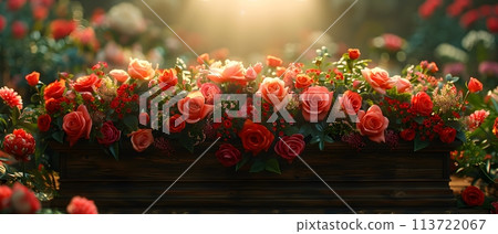 A lovely dark wood coffin adorned with roses, lilies, and carnations creates a lush display. Shot up close, the image captures intricate details, enhanced by soft, diffused light for a warm atmosphere A lovely dark wood coffin adorned with roses, lilies, and carnations creates a lush display. Shot up close, the image captures intricate details, enhanced by soft, diffused light for a warm atmosphere 113722067