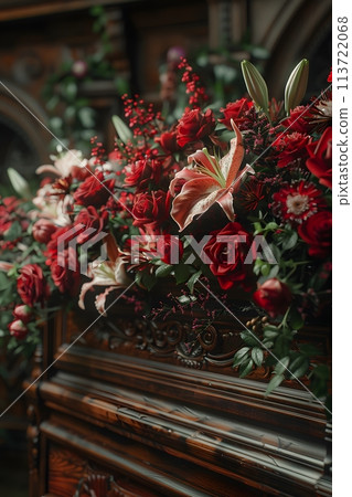 A lovely dark wood coffin adorned with roses, lilies, and carnations creates a lush display. Shot up close, the image captures intricate details, enhanced by soft, diffused light for a warm atmosphere A lovely dark wood coffin adorned with roses, lilies, and carnations creates a lush display. Shot up close, the image captures intricate details, enhanced by soft, diffused light for a warm atmosphere 113722068