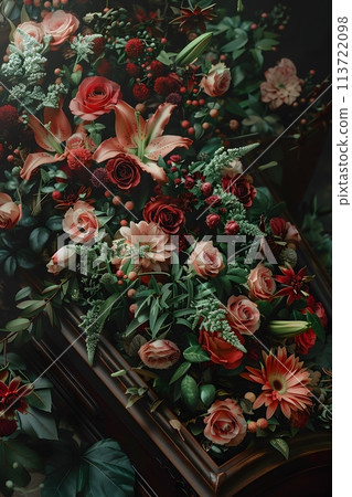 A lovely dark wood coffin adorned with roses, lilies, and carnations creates a lush display. Shot up close, the image captures intricate details, enhanced by soft, diffused light for a warm atmosphere A lovely dark wood coffin adorned with roses, lilies, and carnations creates a lush display. Shot up close, the image captures intricate details, enhanced by soft, diffused light for a warm atmosphere 113722098