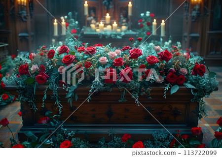 A lovely dark wood coffin adorned with roses, lilies, and carnations creates a lush display. Shot up close, the image captures intricate details, enhanced by soft, diffused light for a warm atmosphere A lovely dark wood coffin adorned with roses, lilies, and carnations creates a lush display. Shot up close, the image captures intricate details, enhanced by soft, diffused light for a warm atmosphere 113722099