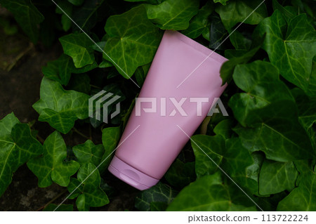 Cosmetic skin care product pink tube, (body lotion, hair shampoo, face cream) on green leaves as background, top view. Natural eco beauty and organic skin care concept Cosmetic skin care product pink tube, (body lotion, hair shampoo, face cream) on green leaves as background, top view. Natural eco beauty and organic skin care concept 113722224