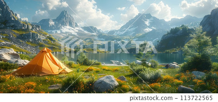 Beautiful campsite. Warm sunlight shine through the mountains onto green field. The lake and tranquil valley are visible in the background. We will experience an adventure amidst the beauty of nature. 113722565