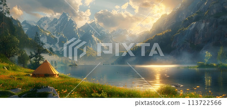 Beautiful campsite. Warm sunlight shine through the mountains onto green field. The lake and tranquil valley are visible in the background. We will experience an adventure amidst the beauty of nature. 113722566