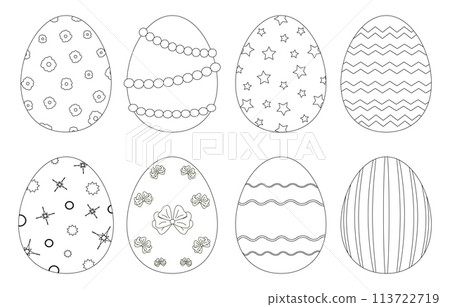Collection of black and white Easter eggs with various decorative patterns. Perfect for coloring page, kids activities and festive holiday crafts. 113722719