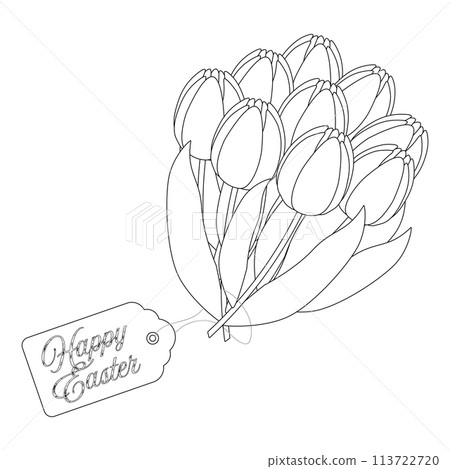 A festive bouquet of tulips with a greeting tag attached - Happy Easter. Beautiful flowers. Perfect for coloring books, coloring page and kids activities or festive holiday crafts. A festive bouquet of tulips with a greeting tag attached - Happy Easter. Beautiful flowers. Perfect for coloring books, coloring page and kids activities or festive holiday crafts. 113722720
