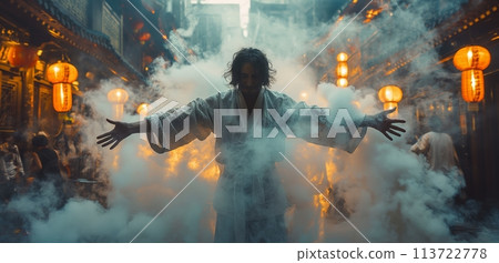 Scene with man in robe, arms outstretched, surrounded by mist and hanging lanterns, conveying mysticism and power. 113722778