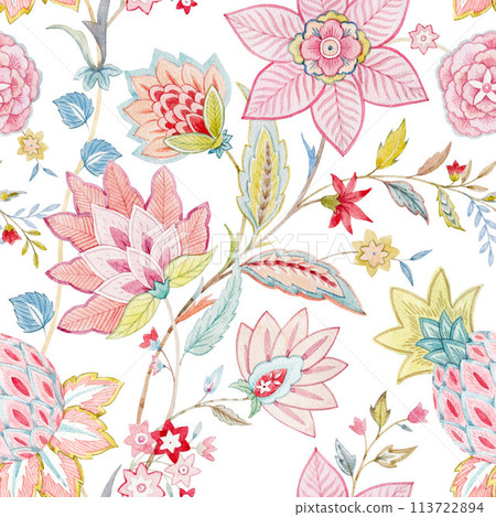 Beautiful traditional seamless pattern. Digital trending texture illustration and flowers for background design beautiful textured effects floral art textile print stock illustration. 113722894