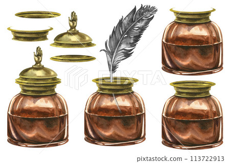 Vintage writing set of antique gold brown antique inkwell. Watercolor illustration for invitation and business card design templates for Book Day, Teacher's Day, antique shops, libraries, calligrapher Vintage writing set of antique gold brown antique inkwell. Watercolor illustration for invitation and business card design templates for Book Day, Teacher's Day, antique shops, libraries, calligrapher 113722913