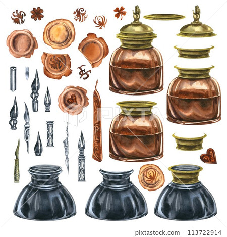 Vintage writing set of antique fountain pens, antique inkwells and wax seals. Watercolor illustration for design templates for Book Day, Teacher's Day, antique shops, libraries, calligraphers Vintage writing set of antique fountain pens, antique inkwells and wax seals. Watercolor illustration for design templates for Book Day, Teacher's Day, antique shops, libraries, calligraphers 113722914