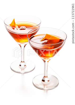 Refreshing Bourbon Manhattan cocktail with vermouth and maraschino cherry garnish isolated on white background. 113722961
