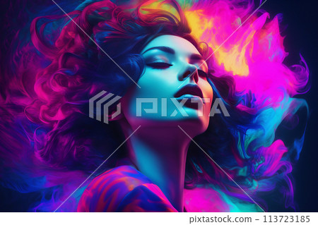 Stylish young girl iwith neon effect. Portrait of a woman in a nightclub. 113723185